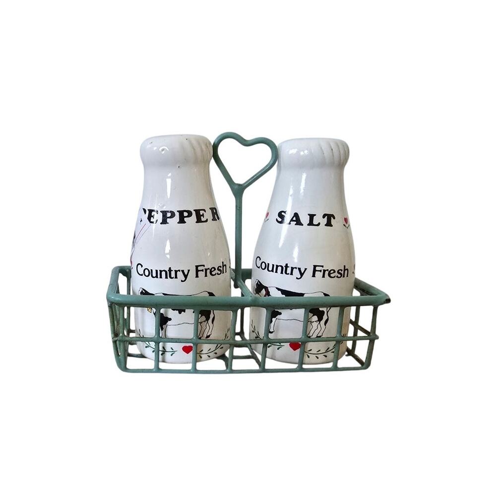 Country Fresh Milk Jug Salt & Pepper Shakers With Wire Basket See Desc